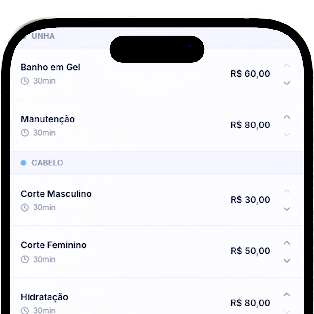 Tela de catálogo de serviços com preços e profissionais