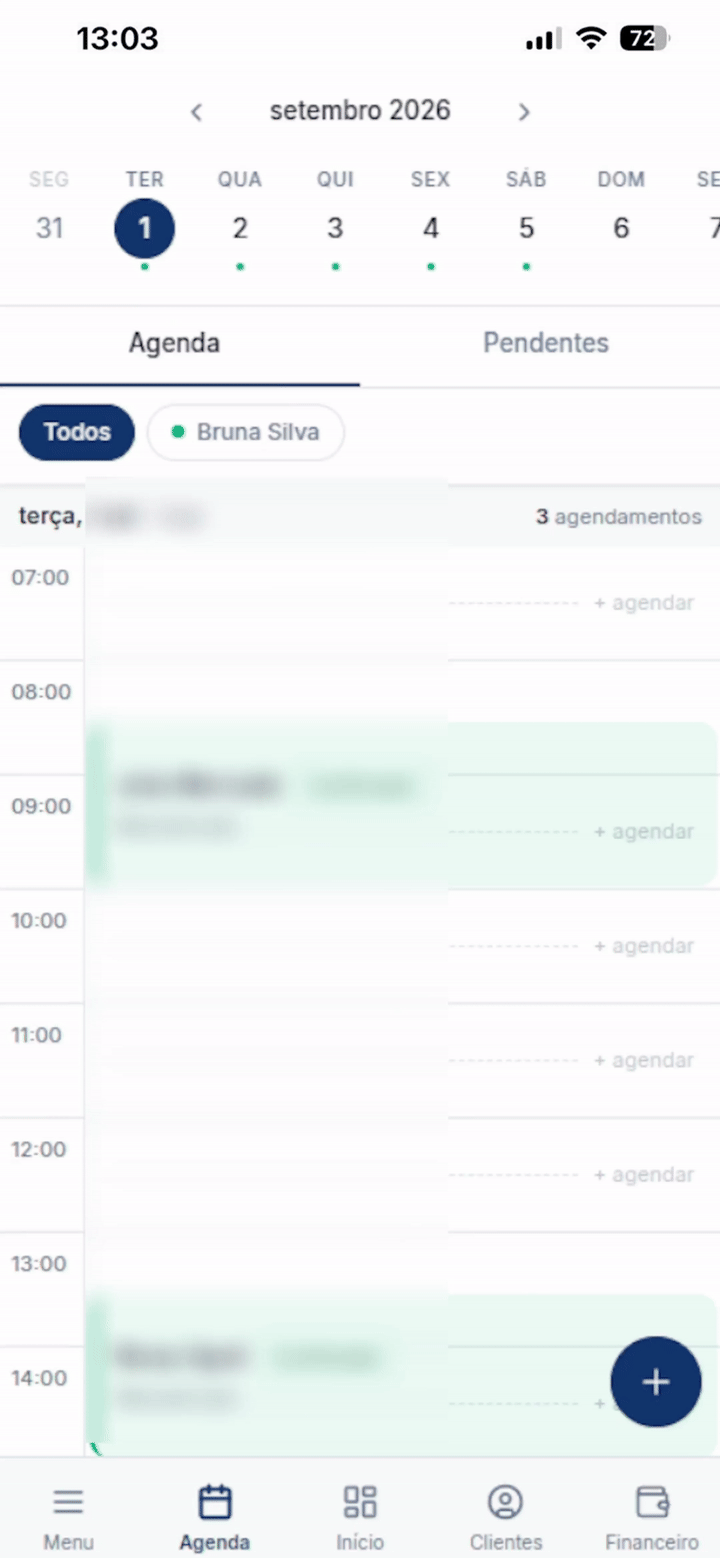 GIF mostrando a agenda do Reservee no celular, com calendário, horários confirmados e navegação inferior.