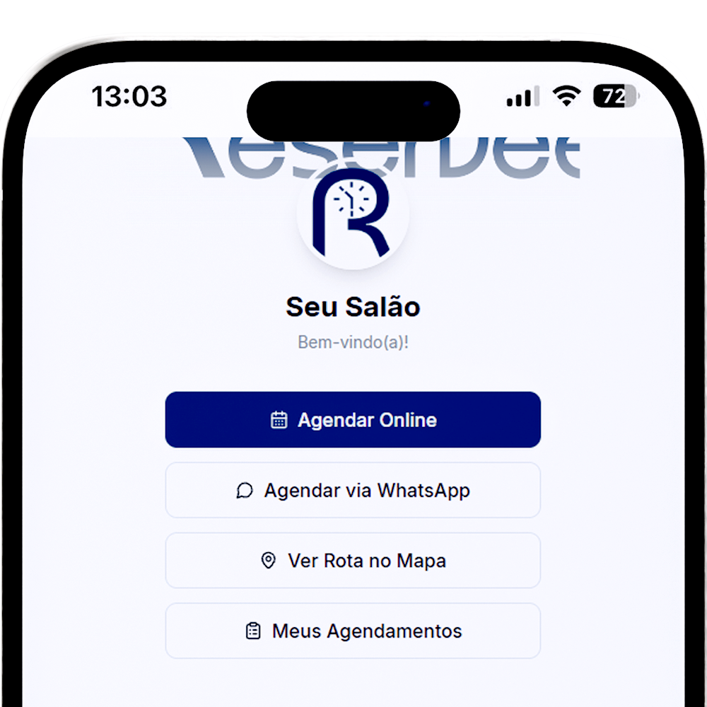 Tela da vitrine pública de agendamento do salão com botões de agendar online, via WhatsApp e rota no mapa