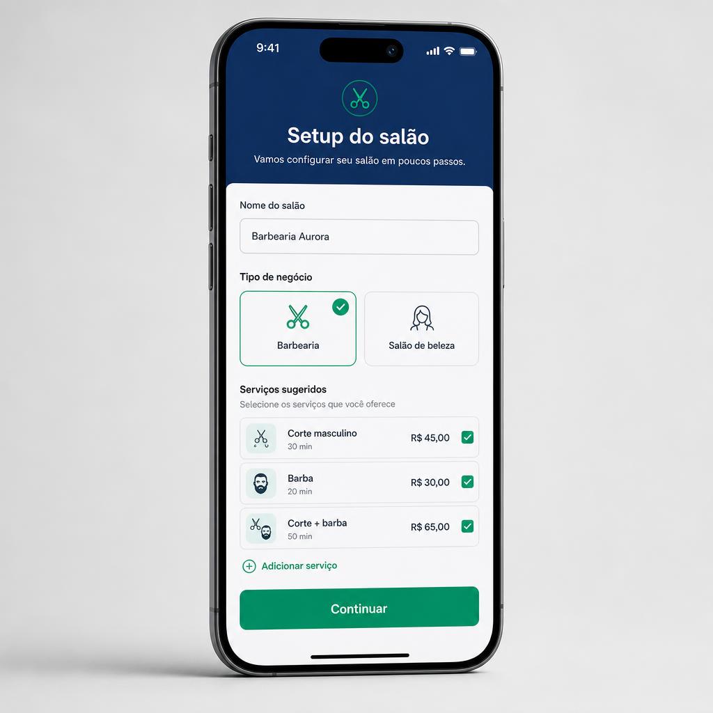 Tela de setup do salão com tipo de negócio e serviços sugeridos